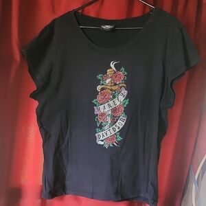 Harley-Davidson Black Tee with Rose Embroidery